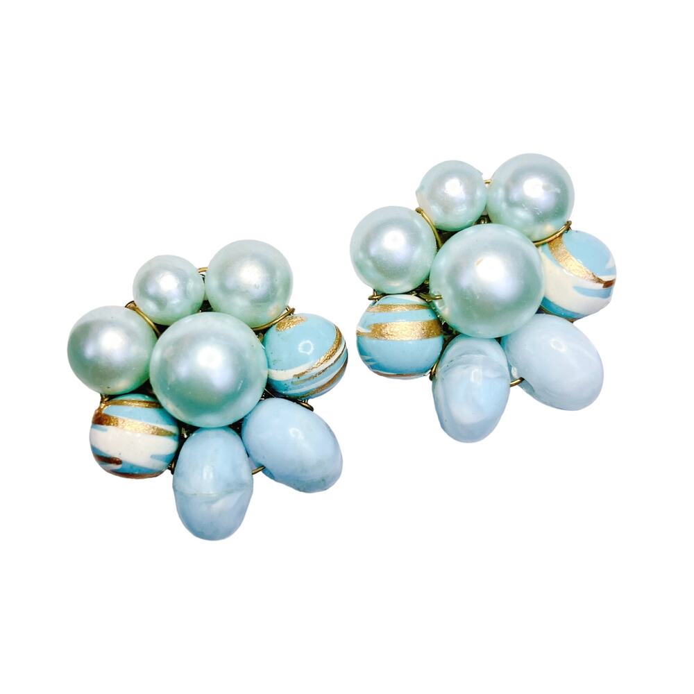 Vintage 50s Cluster Clip-On Earrings, Marked Japan, Soft Aqua Blue Faux Pearl